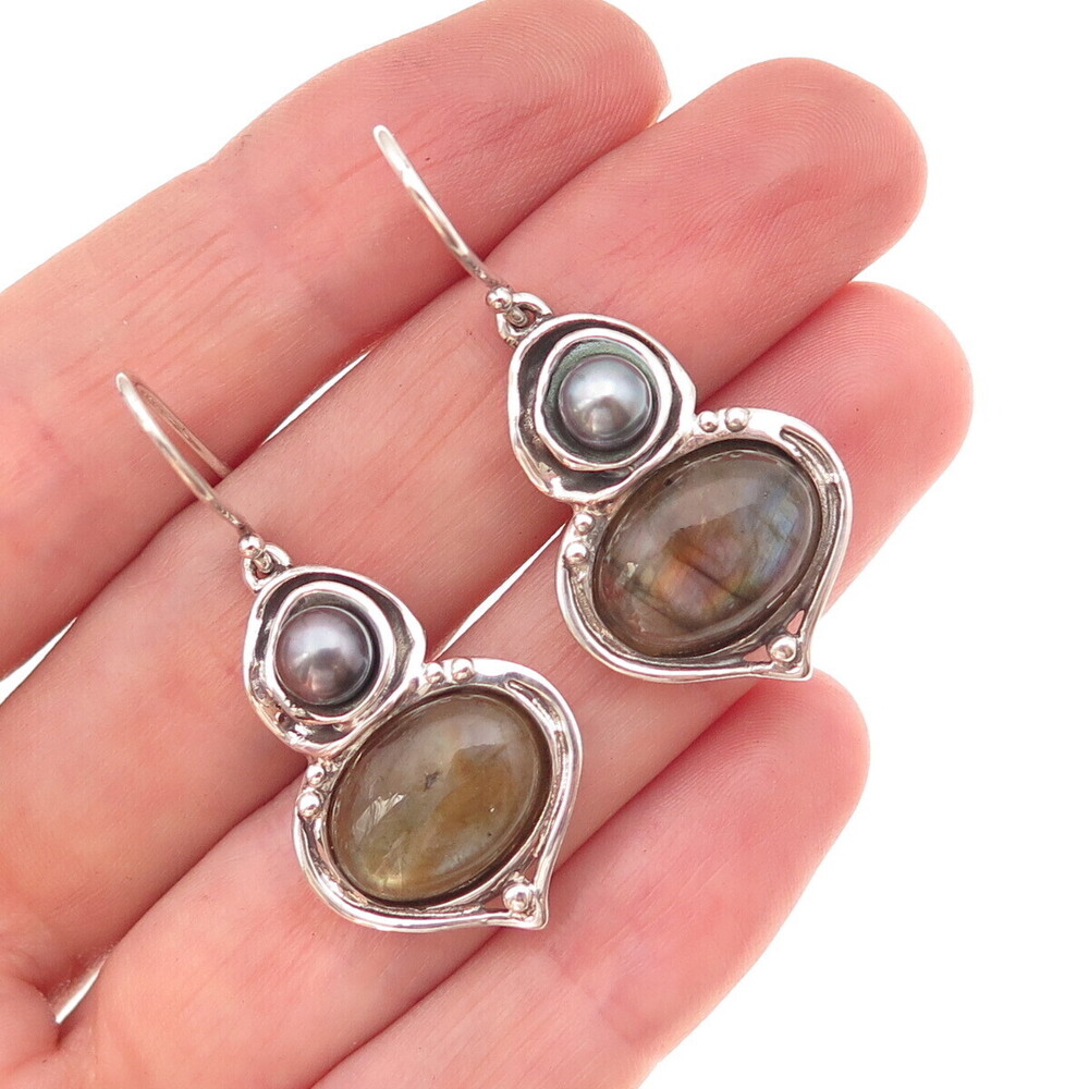 Hagit Gorali 925 Sterling Silver Vintage Israel Real Labradorite Pearl Earrings